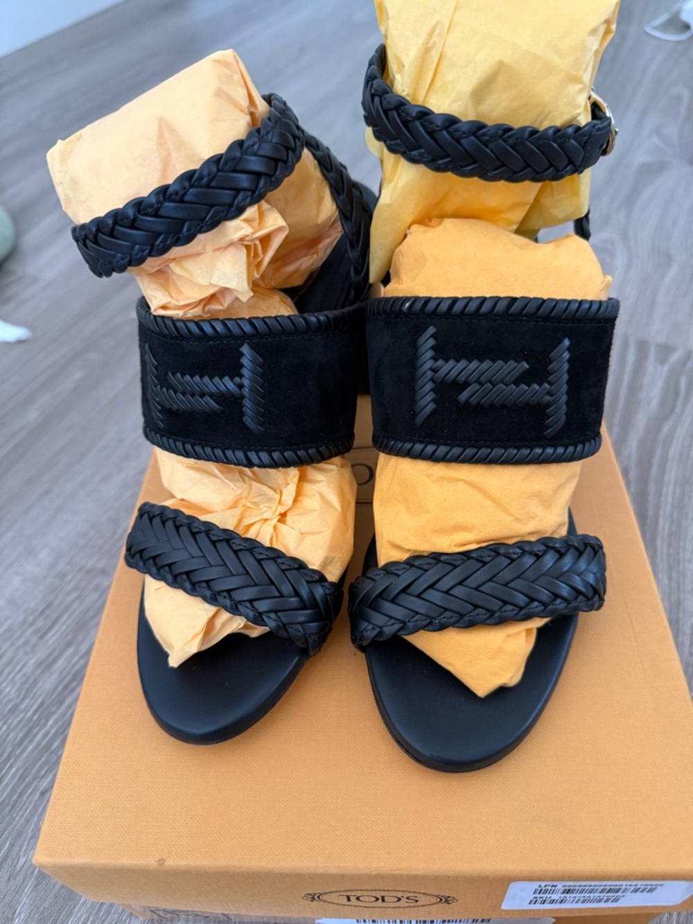 Tod's Black Braided Leather Strappy Block Heel Sandals